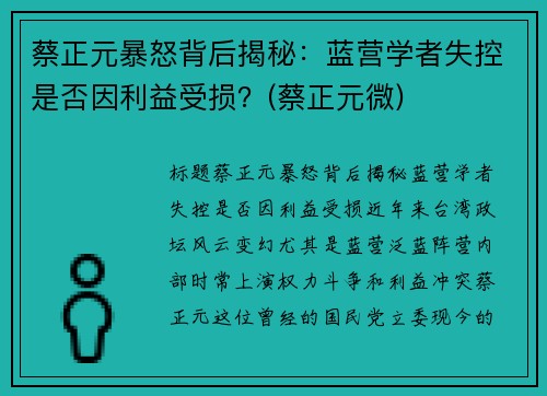 蔡正元暴怒背后揭秘：蓝营学者失控是否因利益受损？(蔡正元微)