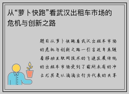 从“萝卜快跑”看武汉出租车市场的危机与创新之路