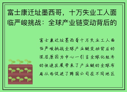 富士康迁址墨西哥，十万失业工人面临严峻挑战：全球产业链变动背后的深层原因