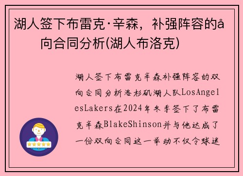 湖人签下布雷克·辛森，补强阵容的双向合同分析(湖人布洛克)