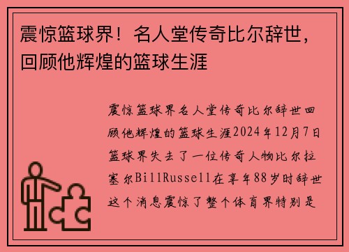 震惊篮球界！名人堂传奇比尔辞世，回顾他辉煌的篮球生涯