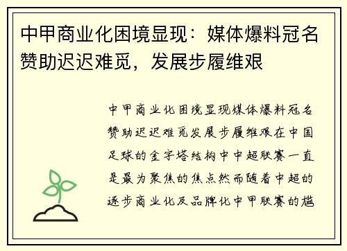 中甲商业化困境显现：媒体爆料冠名赞助迟迟难觅，发展步履维艰